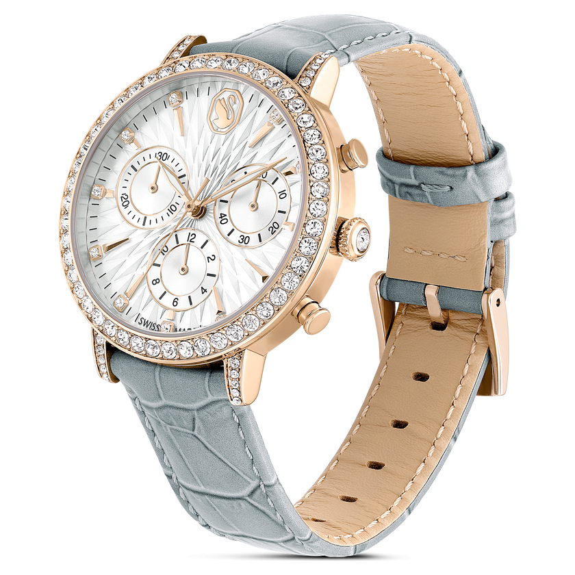 swarovski matrix tennis chrono watch  swiss made  leather strap  gray  champagne gold tone finish