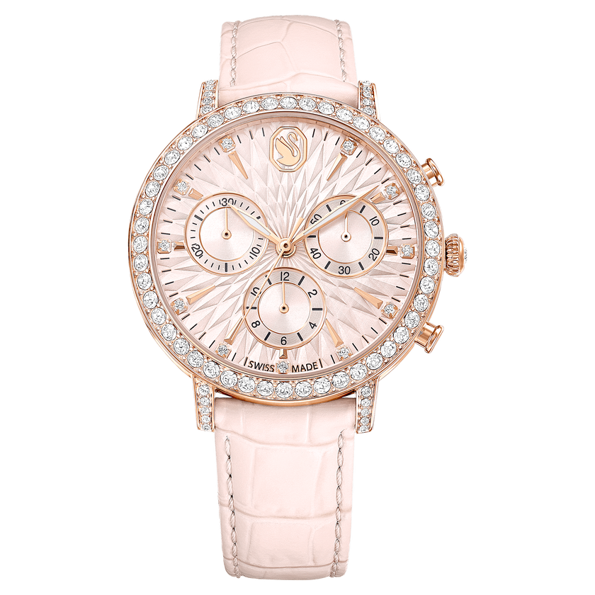 swarovski matrix tennis chrono watch  swiss made  leather strap  pink  rose gold tone finish