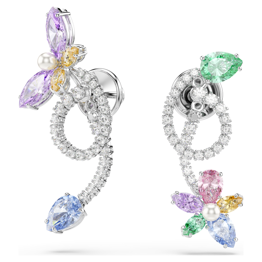 ariana grande x swarovski drop earrings with ear jacket  mixed cuts  dragonfly  flower  multicolored  rhodium plated