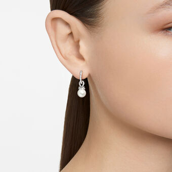 swarovski originally drop earrings  crystal pearl  pav   white  rhodium plated