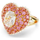 Hyperbola cocktail ring, Octagon cut, Crystal pearls, Heart, Pink, Gold-tone plated