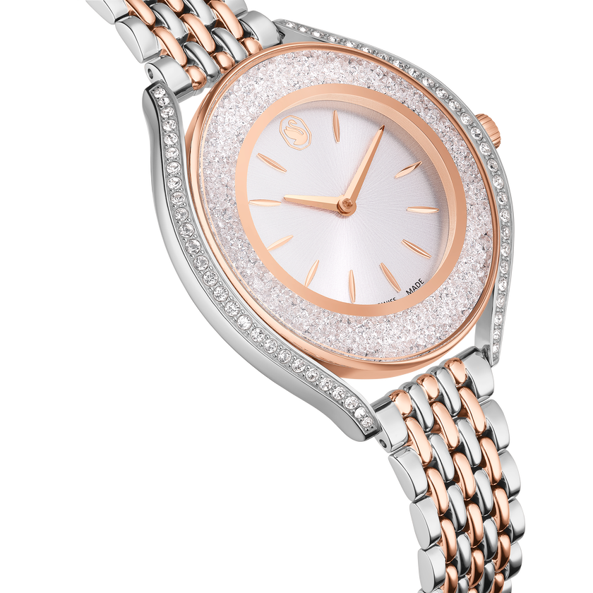 swarovski crystalline aura watch  swiss made  metal bracelet  rose gold tone  mixed metal finish