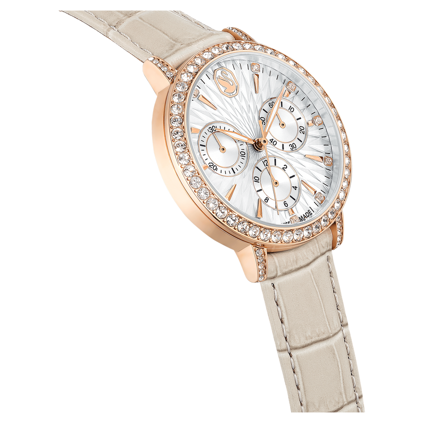 swarovski matrix tennis chrono watch  swiss made  leather strap  beige  rose gold tone finish