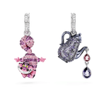 swarovski alice in wonderland drop earrings asymmetrical design cat and teapot multicolored rhodium plated