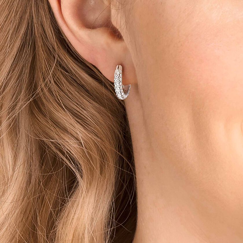 swarovski stone hoop earrings  pav   small  white  rhodium plated