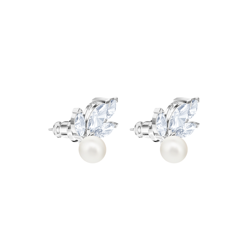 swarovski louison pearl stud earrings  leaf  white  rhodium plated