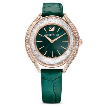 swarovski crystalline aura watch leather strap green rose gold tone finish