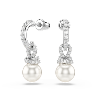 swarovski originally drop earrings  crystal pearl  pav   white  rhodium plated
