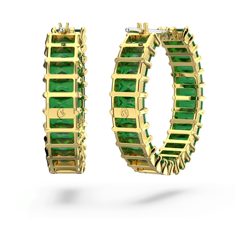 swarovski matrix hoop earrings  baguette cut  green  gold tone plated
