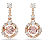 swarovski constella drop earrings  round cut  dancing stone  pink  rose gold tone plated