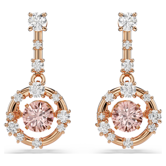 swarovski constella drop earrings  round cut  dancing stone  pink  rose gold tone plated