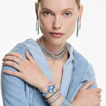 swarovski matrix tennis necklace  round cut  blue  ruthenium plated