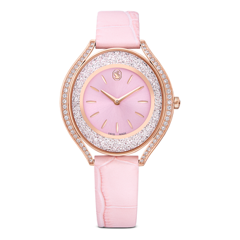 swarovski crystalline aura watch  swiss made  leather strap  pink  rose gold tone finish