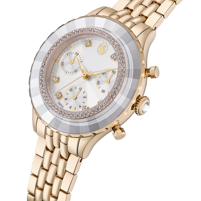 swarovski octea chrono watch  swiss made  metal bracelet  gold tone  champagne gold tone finish