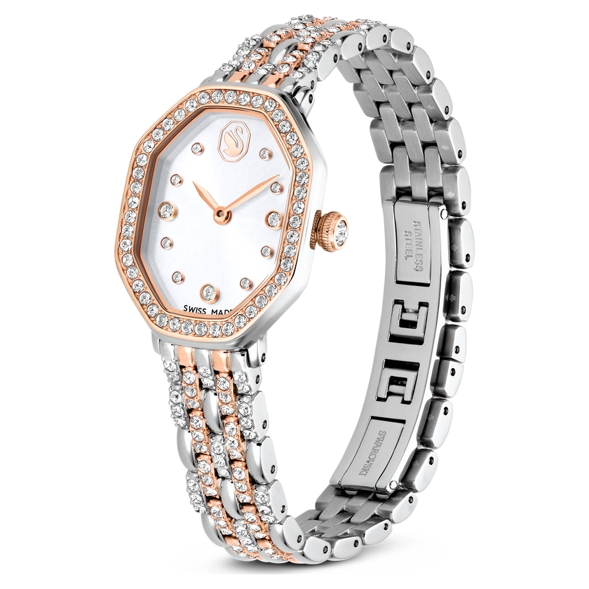swarovski dextera octagon watch  swiss made  metal bracelet  silver tone  rose gold tone finish