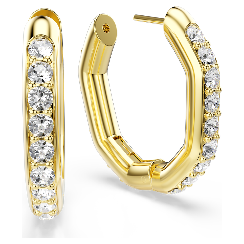 swarovski dextera hoop earrings  octagon shape  round cut  white  gold tone plated