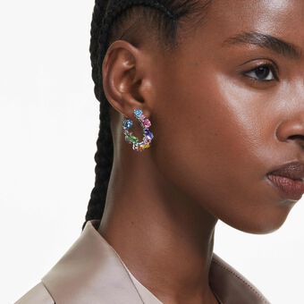 swarovski gema hoop earrings  asymmetrical design  mixed cuts  small  multicolored  rhodium plated
