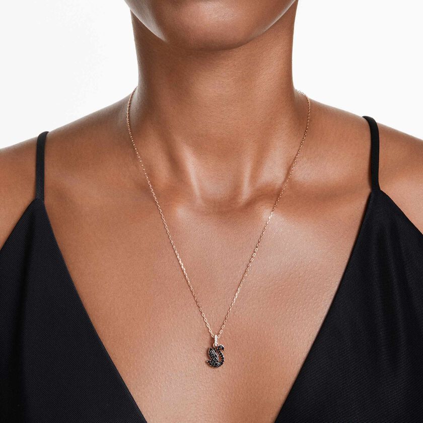 swarovski swan pendant  swan  small  black  rose gold tone plated