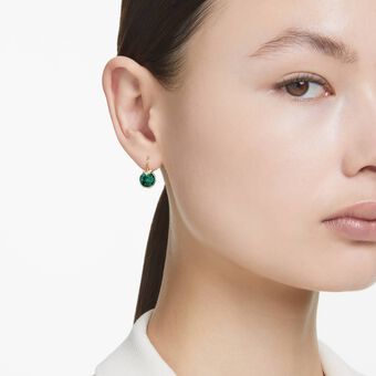 swarovski bella v drop earrings  round cut  green  18k gold finish