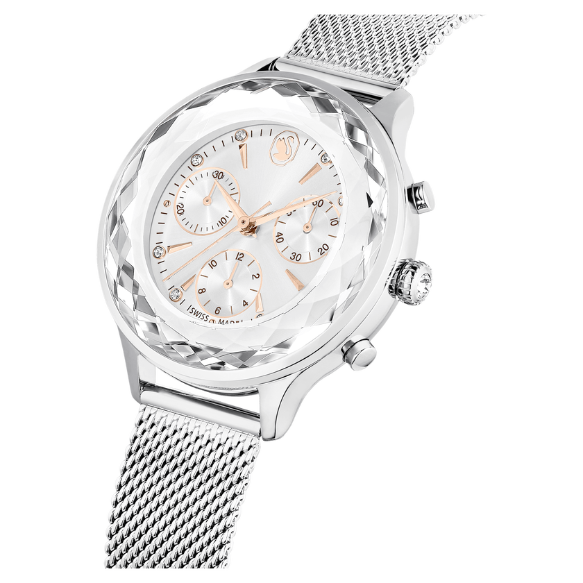 swarovski nova chrono watch  swiss made  metal bracelet  silver tone  stainless steel