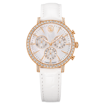 swarovski matrix tennis chrono watch  swiss made  leather strap  rose gold tone  rose gold tone finish