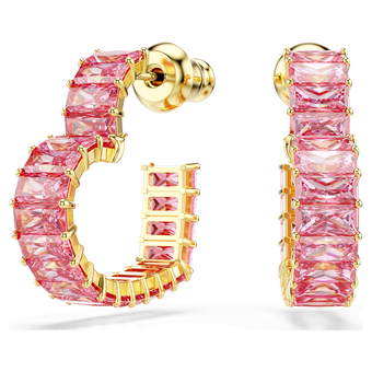 swarovski matrix hoop earrings  baguette cut  heart  small  pink  gold tone plated