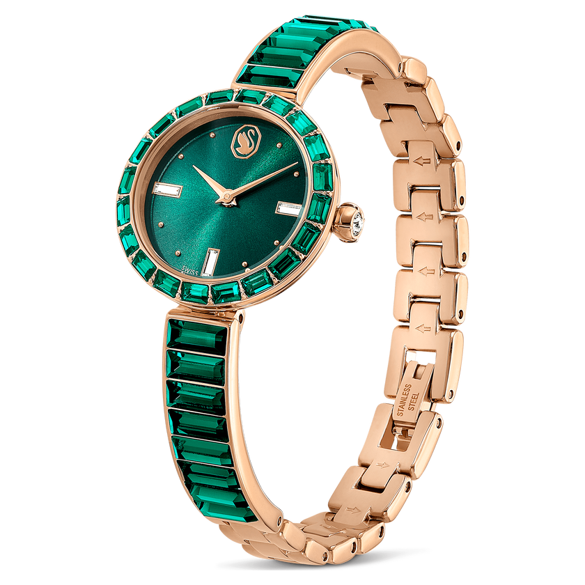 swarovski matrix bangle watch  swiss made  crystal bracelet  green  champagne gold tone finish