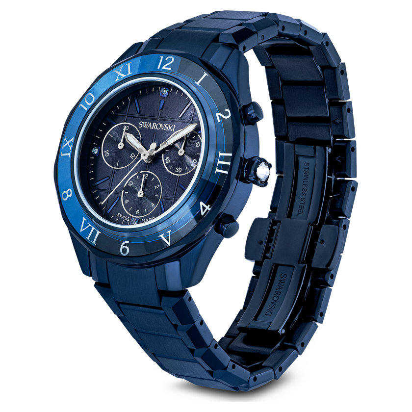 swarovski dextera chrono watch  39mm  swiss made  metal bracelet  blue  blue finish