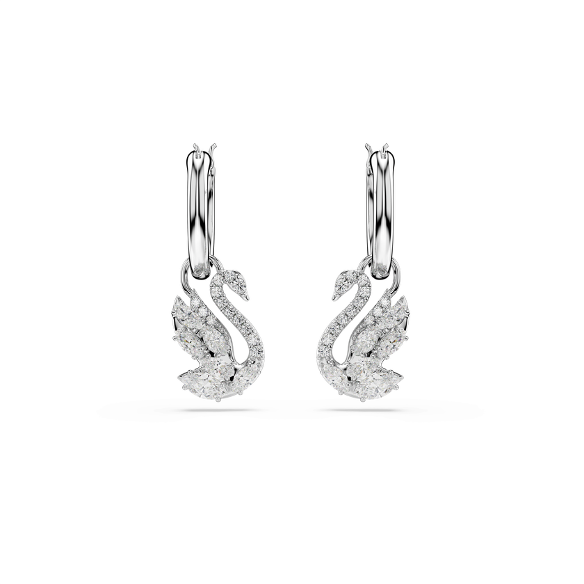 swarovski swan drop earrings  mixed cuts  swan  white  rhodium plated