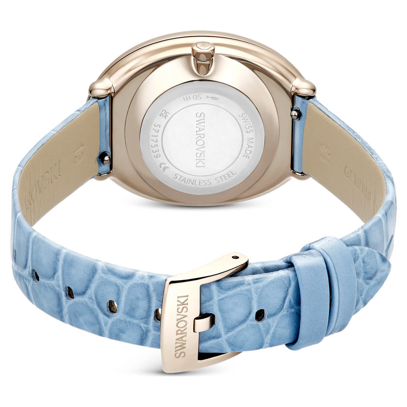 swarovski imber oval watch  swiss made  leather strap  blue  champagne gold tone finish