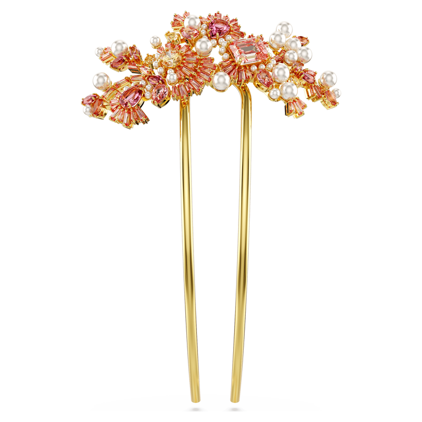 swarovski gema hair clip  mixed cuts  flower  pink  gold tone plated