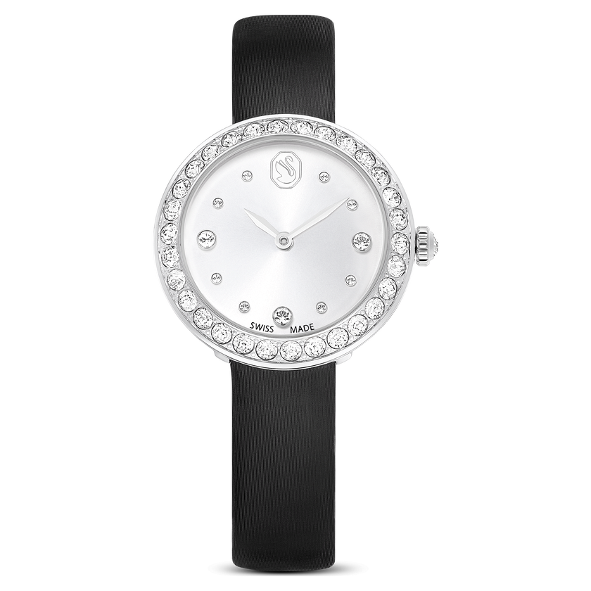 swarovski matrix tennis watch  swiss made  leather strap  black  stainless steel