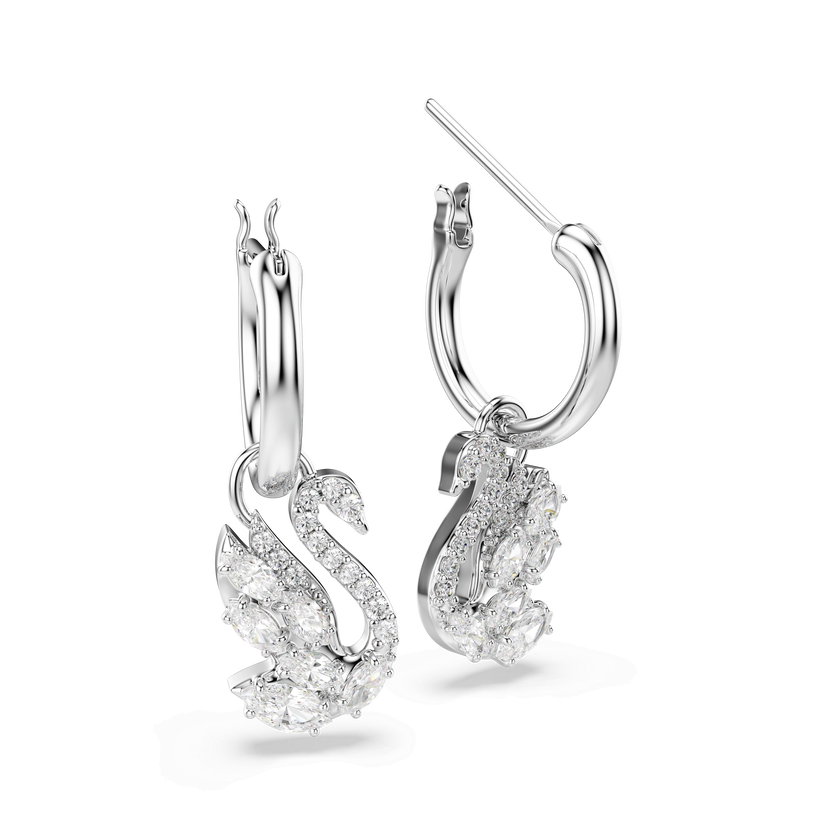 swarovski swan drop earrings  mixed cuts  swan  white  rhodium plated