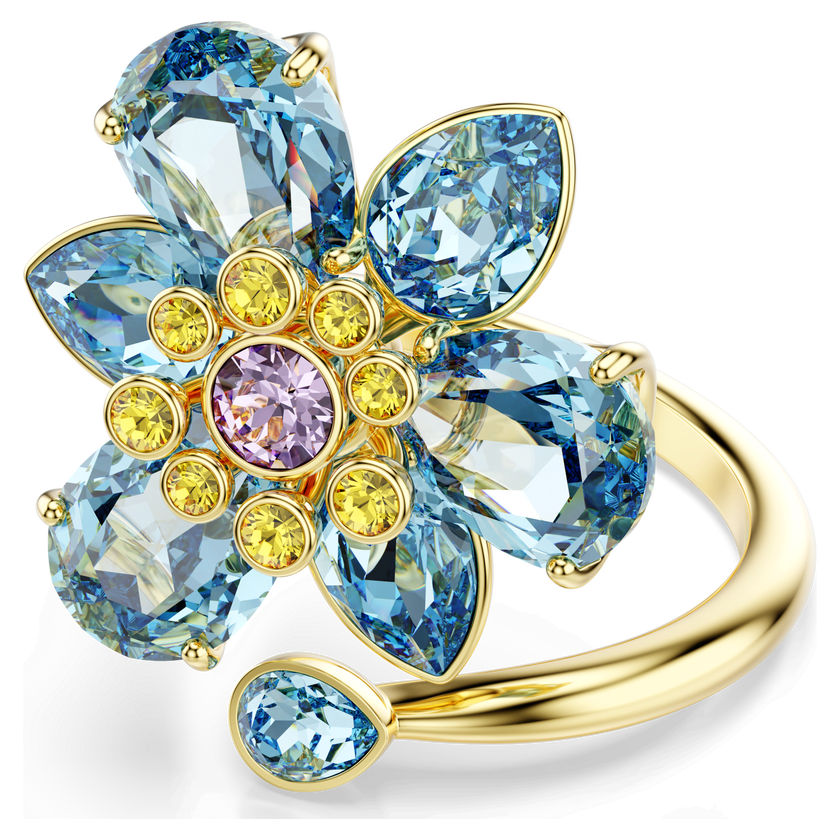 swarovski idyllia open ring  mixed cuts  flower  blue  gold tone plated