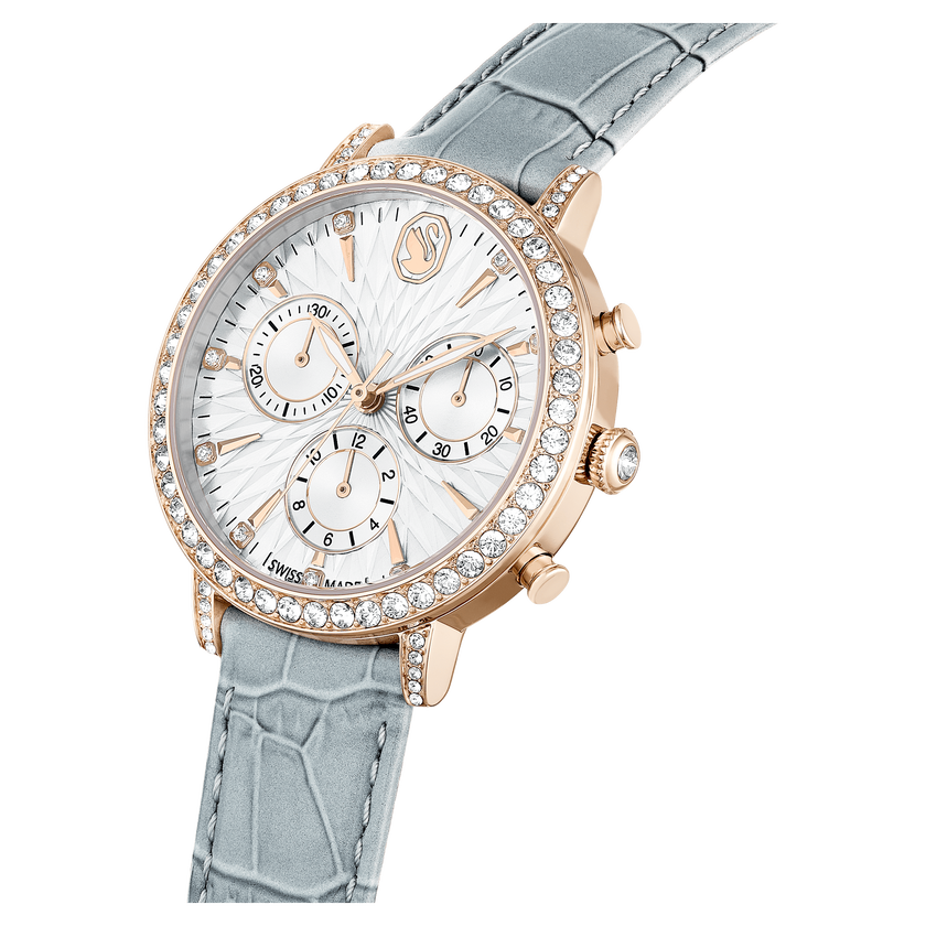 swarovski matrix tennis chrono watch  swiss made  leather strap  gray  champagne gold tone finish