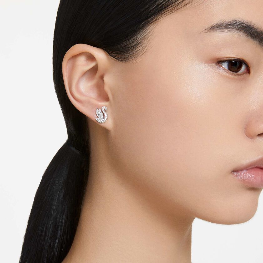 swarovski swan stud earrings  swan  white  rhodium plated