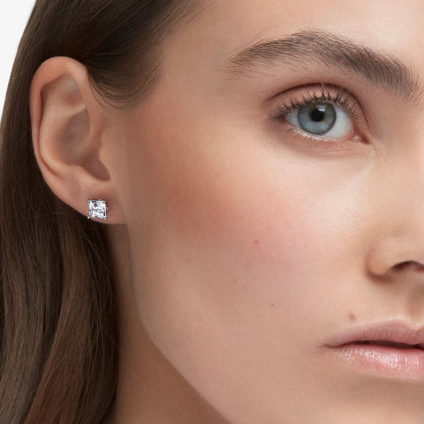 swarovski stilla attract stud earrings  square cut  white  rhodium plated