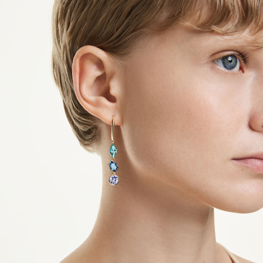 swarovski gema drop earrings  asymmetrical design  mixed cuts  multicolored  gold tone plated
