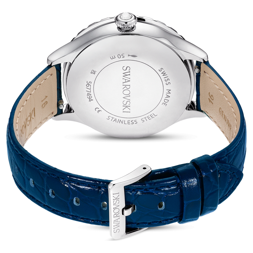 swarovski octea moon watch  swiss made  moon  leather strap  blue  stainless steel