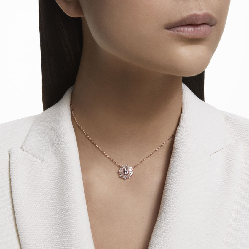 swarovski sunshine pendant  mixed cuts  sun  pink  rose gold tone plated