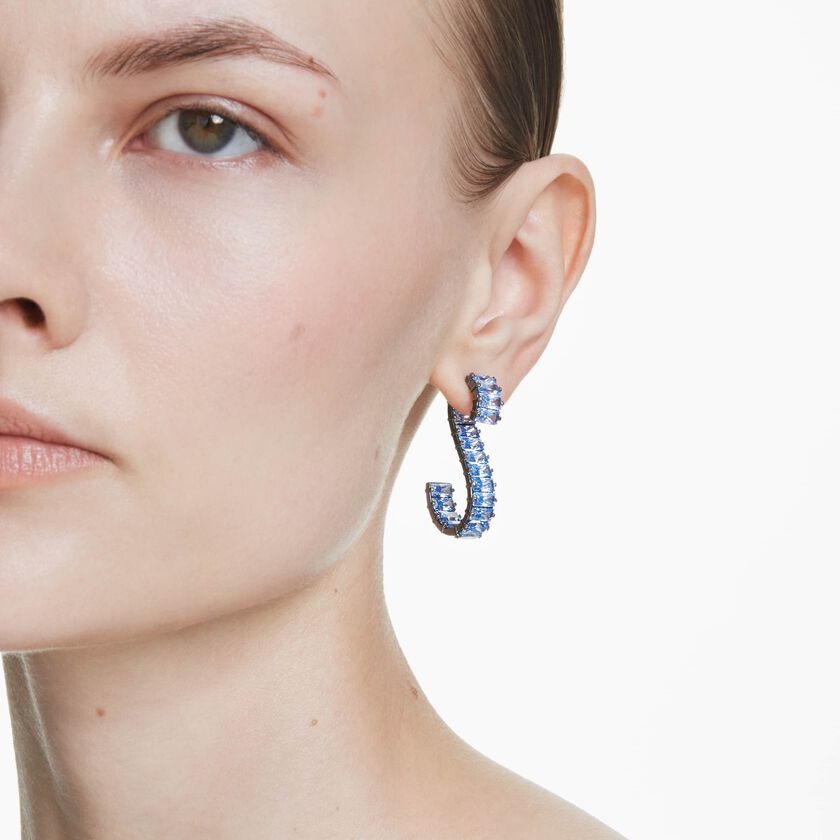 swarovski matrix drop earrings  baguette cut  blue  ruthenium plated