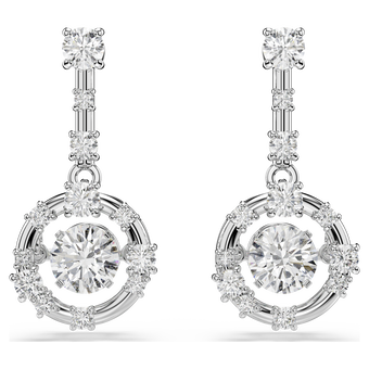 swarovski constella drop earrings  round cut  dancing stone  white  rhodium plated