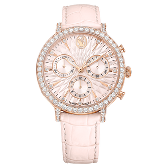 swarovski matrix tennis chrono watch  swiss made  leather strap  pink  rose gold tone finish
