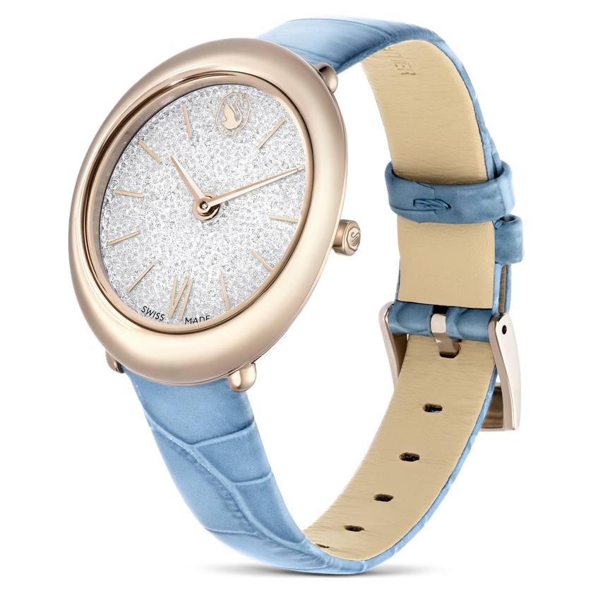 swarovski imber oval watch  swiss made  leather strap  blue  champagne gold tone finish