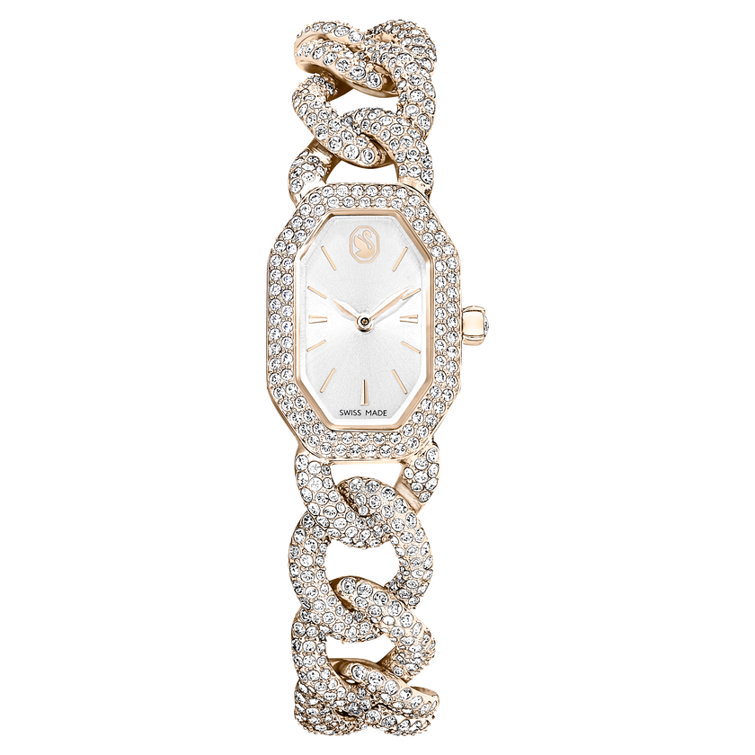 swarovski dextera chain watch  swiss made  crystal bracelet  white  champagne gold tone finish