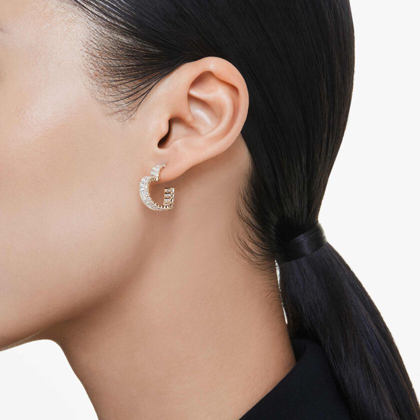 swarovski matrix hoop earrings  baguette cut  heart  small  white  gold tone plated