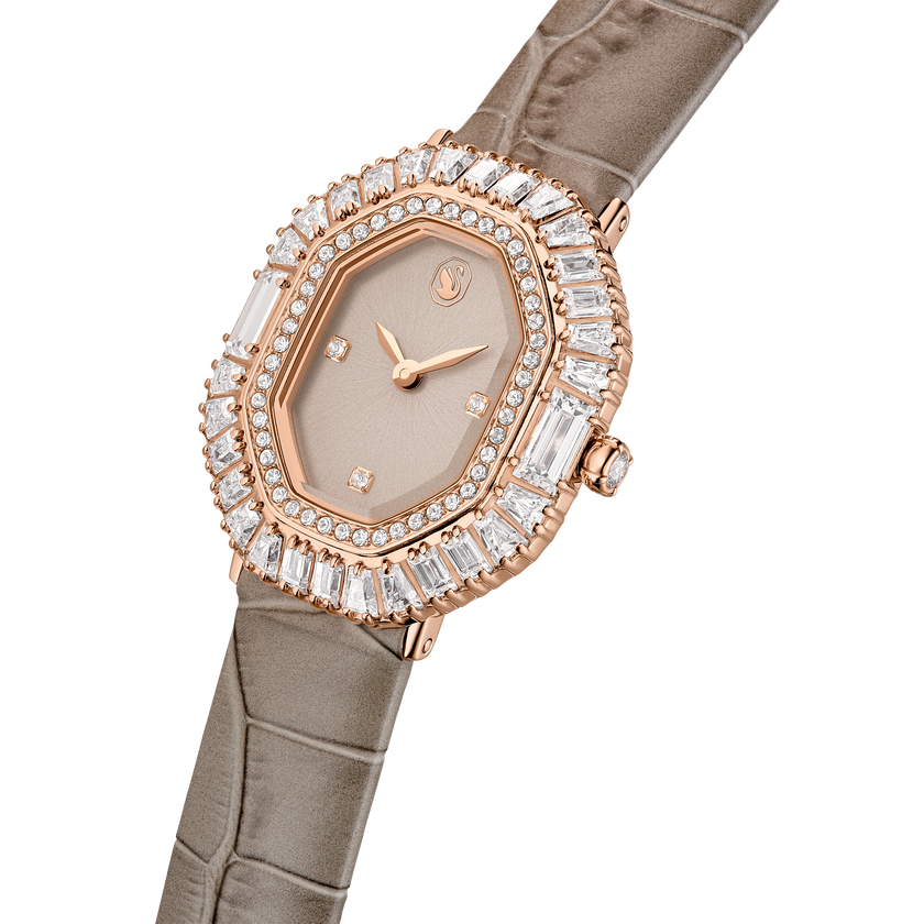 swarovski matrix octagon watch  leather strap  beige  rose gold tone finish