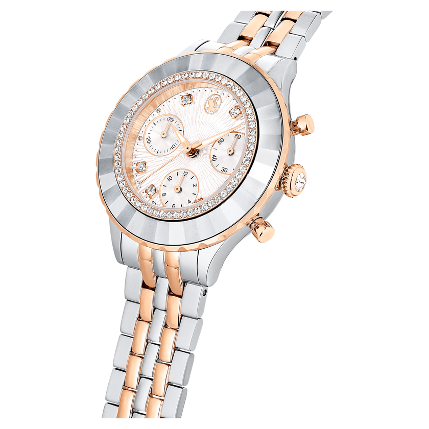 swarovski octea chrono watch  swiss made  metal bracelet  rose gold tone  mixed metal finish