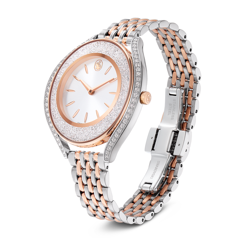 swarovski crystalline aura watch  swiss made  metal bracelet  rose gold tone  mixed metal finish