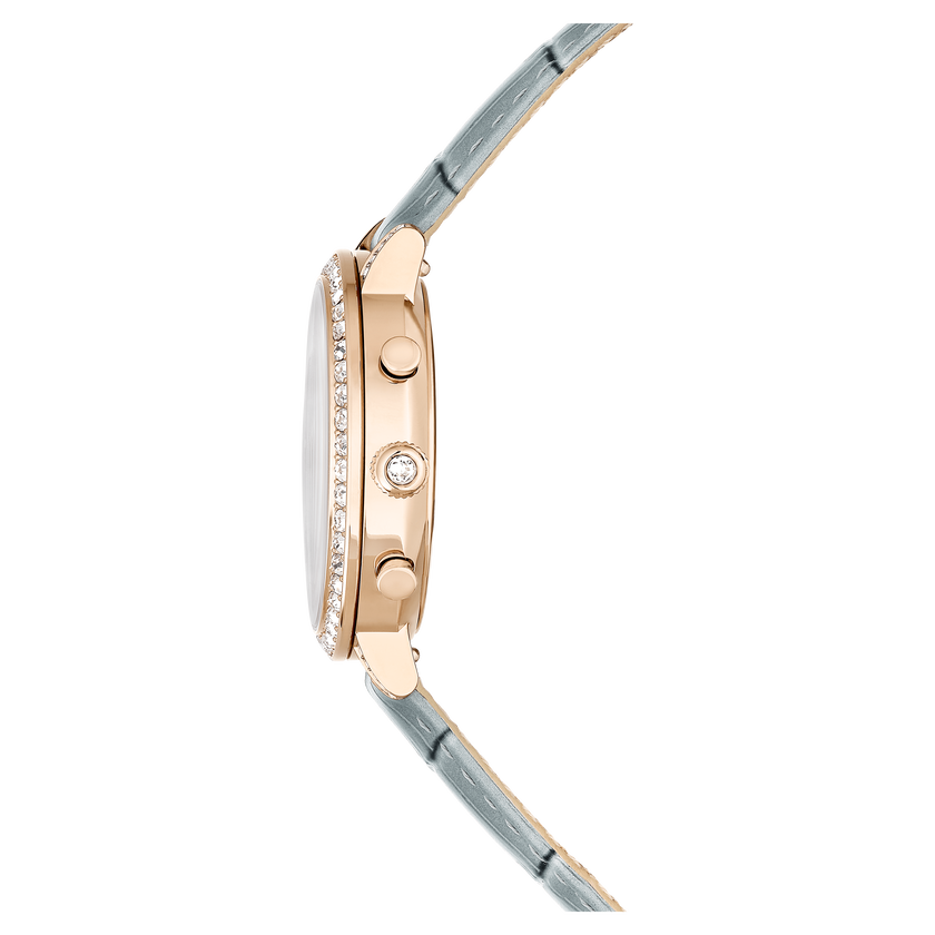 swarovski matrix tennis chrono watch  swiss made  leather strap  gray  champagne gold tone finish